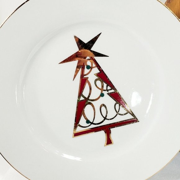 Set of 5 Pier 1 Christmas Tree 7.5” Dessert Salad Plate stylized holiday tree - Picture 6 of 9